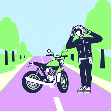 A biker is standing next to a motorbike, adjusting their helmet to ensure a proper fit. The biker is dressed in a black leather jacket with silver zippers and sturdy gloves. They hold the helmet in both hands, inspecting the padding inside. The motorbike is a sleek model with a shiny frame and chrome details, reflecting light. The biker stands on a paved road, surrounded by greenery in the background, with trees lining the sides of the road. A clear blue sky is above, creating a bright atmosphere for the ride.