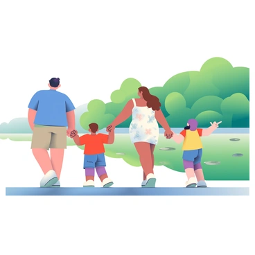 A family of four is walking along a sidewalk by a lake. The father has short black hair and is wearing a blue t-shirt and khaki shorts. The mother has long brown hair tied back and is dressed in a white sundress with floral patterns. Their two children, a boy and a girl, are holding hands with their parents. The boy is wearing a red t-shirt and denim shorts, while the girl is in a yellow tank top and purple leggings. The water of the lake is a murky green, indicative of eutrophication, with some algae floating on the surface. The family is pointing at the water, observing the changes, with a few green lily pads visible near the shoreline. Lush green trees line the opposite bank of the lake, creating a natural backdrop.