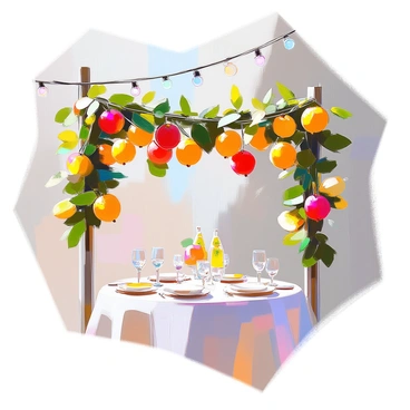 A decorative garland made of hanging fruits, featuring bright yellow lemons and vibrant red apples. The garland is draped elegantly between two posts at a festive outdoor event. Each fruit is carefully arranged to create a colorful display, with lush green leaves interspersed among the fruits. The sunlight casts gentle shadows, enhancing the vivid colors and making the garland a focal point of the celebration. Streamers and small fairy lights adorn the area, adding to the festive atmosphere.