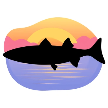 A silhouette of a pike fish swimming gracefully. The pike fish is defined by its elongated body and sharp dorsal fin. The background features a glowing sunset with vibrant hues of orange, pink, and purple blending together in the sky. The sun is partially hidden on the horizon, casting a warm light across the water, creating gentle ripples that reflect the colors of the sunset.