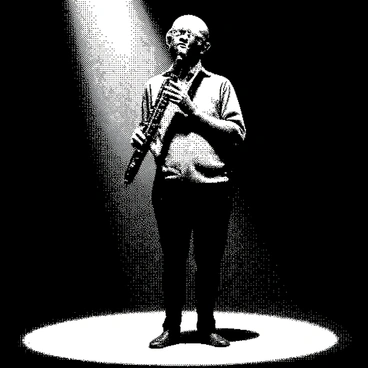 A character with a large, elongated head and a long nose, resembling an octopus, is standing on a stage. He is holding a clarinet to his mouth and playing it, with a dreamy expression on his face. There is a spotlight shining down on him, creating a strong contrast between the illuminated figure and the dark surroundings. The character has a relaxed posture, and his eyes are half-closed, as if lost in the music. The stage floor is visible beneath him, adding depth to the scene.