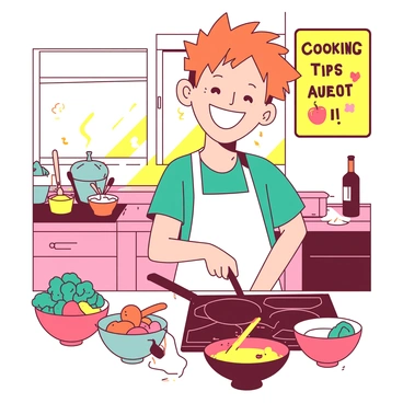 A cheerful character with a big smile is standing in a bright kitchen filled with various cooking utensils and colorful ingredients. The character has short, spiky orange hair and is wearing a white apron over a teal shirt. In front of the character, there are several bowls filled with vegetables and spices, while a frying pan sizzles on the stove. The walls of the kitchen are decorated with cheerful posters about cooking tips. Sunlight streams through a window, illuminating the scene and enhancing the vibrant atmosphere.