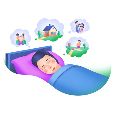 A person lying in bed, peacefully asleep with a serene expression on their face. Above their head, several thought bubbles float, each containing distinct images. One thought bubble features a cozy house with a welcoming front porch and a chimney. Another bubble displays a vibrant garden filled with colorful flowers, green plants, and a small path winding through it. The last thought bubble illustrates a happy family, with two adults and two children, all smiling and enjoying their time together.