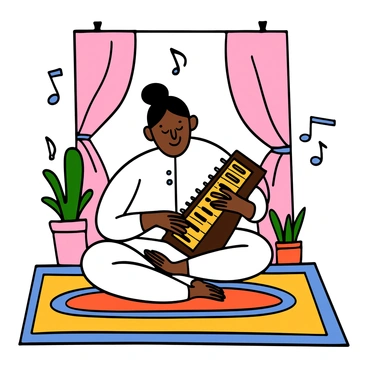 A musician with light skin and short black hair is sitting cross-legged on a colorful rug. He is playing a harmonium, focused and immersed in the music. The musician is wearing a traditional white kurta, and there is a warm smile on his face. In the background, there are soft, flowing curtains and a few potted plants that add a serene element to the scene. The atmosphere suggests a peaceful environment as musical notes seem to visually float around him, symbolizing the beauty of his art.