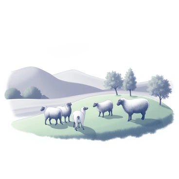 A classic postcard depicting a pastoral scene. In the foreground, a flock of sheep grazes on a rolling green meadow. The sheep are varied in size and shape, some with thick wool coats while others are leaner. In the background, gentle hills rise under a clear sky. A few trees, sparse but distinct, dot the landscape, providing shade. The scene captures the essence of rural tranquility and the simplicity of nature.