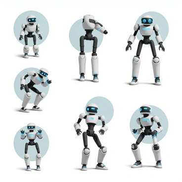 A futuristic robot character is depicted in a series of eight illustrations on a board. Each illustration showcases different angles and features of the robot. The robot has a sleek, metallic body with a shiny chrome finish. Its head features a visor-like display with glowing blue lights. The arms have intricate joints, allowing for a wide range of movement, and are equipped with various tools and gadgets. The legs are sturdy and designed for agility, with articulated joints and glowing accents. The background of each illustration is a simple gradient, allowing the focus to remain on the robot. The character is posed in dynamic stances, showcasing its capabilities and unique design elements.