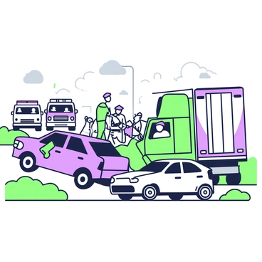 A busy highway is filled with several vehicles involved in a multi-vehicle pileup. In the foreground, two cars are severely damaged, one crumpled against the other. The rear of a large truck is visible, leaning at an angle with debris scattered around it. On the side of the road, a fire truck and an ambulance are arriving, with their lights flashing. Emergency personnel in uniforms are rushing towards the scene, some carrying medical equipment. In the background, other vehicles are slowing down, with startled drivers peering out, while a gray sky looms overhead.