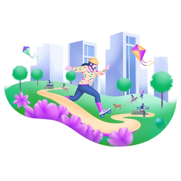 A modern pastel illustration depicting a person rollerblading downhill in a vibrant city park. The person is wearing a bright yellow helmet and a matching outfit with colorful patterns. Surrounding them are lush green trees, blooming flowers in pink and purple, and a winding path. In the background, there are tall buildings with large windows and a clear blue sky. People are enjoying the park, with some sitting on benches and others walking dogs. A few colorful kites are flying in the air, adding to the lively atmosphere.