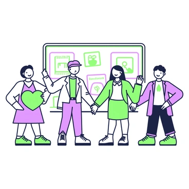 A group of animated characters representing different aspects of RSE learning is gathered in a classroom setting. On the left, there is a character symbolizing healthy relationships; this character has a friendly expression and is holding a green heart. Next to them, a character focused on personal safety stands with a shield, wearing a bright smile and looking confident. In the center, a character representing respect for diversity is holding hands with a character that embodies consent, each showing supportive body language. A chalkboard behind them is filled with colorful diagrams illustrating various RSE concepts, making the scene lively and engaging. Each character is distinct in appearance and attire, reflecting their unique focus within RSE learning.