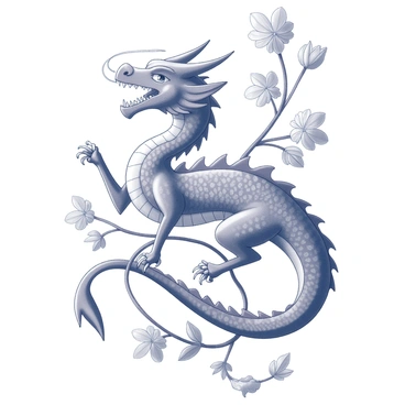 An ornamental dragon with intricate scales is entwined in a series of lush vines and detailed flowers. The dragon's body exhibits a graceful, sinuous form, with its head raised and eyes alert. The vines wrap around the dragon's limbs and tail, creating a dynamic interaction. Various flowers bloom among the vines, showcasing detailed petals and shapes. The overall composition presents a harmonious blend of the dragon and the surrounding flora, emphasizing the entwined nature of the elements.