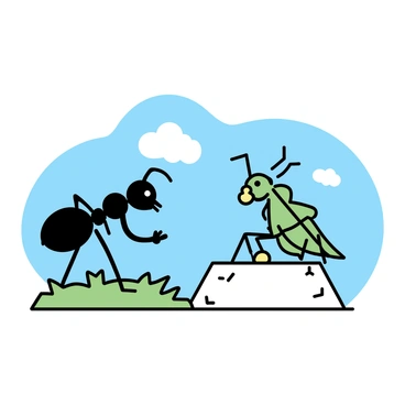 An ant, with a shiny black body and prominent mandibles, is carrying a small crumb of food on its back. The ant is standing on a patch of green grass, looking up at a grasshopper. The grasshopper, with long antennae and bright green wings, is sitting on a rock. It is playing a fiddle, with its front legs positioned on the instrument. The ant appears to be gesturing with one of its legs, as if admonishing the grasshopper for playing instead of working. The background consists of a clear blue sky and a few scattered clouds.