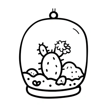 A miniature cactus with spiky arms sitting in the center of a glass terrarium. The terrarium is filled with small pebbles and patches of moss surrounding the cactus. Above the cactus, a blooming flower opens up with delicate petals. The glass structure has a round dome shape, allowing light to filter in and illuminate the scene.