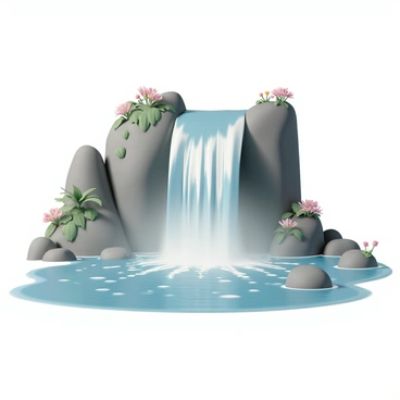 A powerful waterfall, with water cascading down from a rocky cliff, creating a mist as it hits the surface of a clear blue pool below. The pool reflects the sunlight, creating shimmering patterns on the water's surface. Surrounding the waterfall, lush green foliage and vibrant wildflowers enhance the scene, while rocks of various sizes are scattered around the pool's edge, some partially submerged in the water. The sound of rushing water fills the air, evoking a sense of nature's beauty and tranquility.