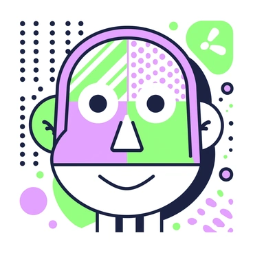 A large, stylized face dominates the center of the image. The face features exaggerated facial features, including large eyes and a pronounced smile. Surrounding the face are halftone dots that create a sense of depth and texture across various sections. The face has a bold outline, and there are sections filled with patterns, such as stripes and polka dots. The background is filled with contrasting shapes and lines that enhance the overall composition.