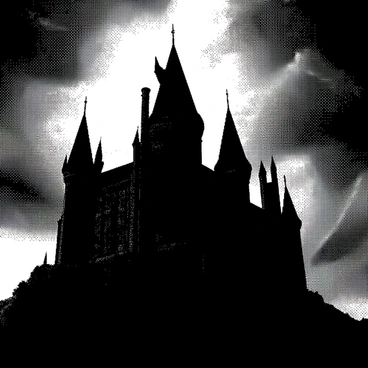 A towering dark castle stands ominously against a stormy sky. Its high, jagged spires reach up towards the clouds, which are swirling with intensity. The castle's stone walls are textured and grim, giving it an imposing presence. In the background, vivid flashes of lightning arc across the sky, illuminating the scene with brief bursts of light, highlighting the castle's silhouette. The atmosphere is heavy and dramatic, with the contrast of shadows further enhancing the castle's foreboding structure.