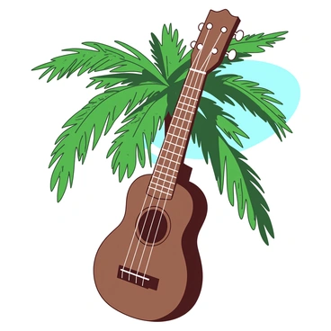 A brown ukulele made from a coconut shell is resting against a tall green palm tree. The ukulele has a textured surface, resembling the natural fibers of the coconut. Its strings are glinting in the sunlight, creating a contrast against the rich brown shell. The palm tree has long, arching fronds that sway gently in the breeze, casting dappled shadows on the ground. In the background, there is a hint of soft blue sky peeking through the palm leaves.