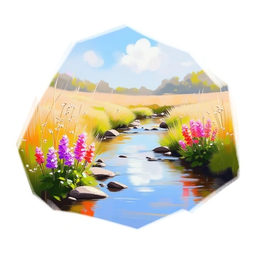 A tranquil landscape showcasing a gently flowing stream that winds through the scene. The water reflects the surrounding greenery and the sky above. Lining the banks of the stream are vibrant clusters of "bee balm" plants with their distinctive red and purple flowers. Lush greenery surrounds the stream, with tall grasses and occasional wildflowers interspersed, creating a natural border. The composition captures the peaceful essence of the landscape with a clear blue sky overhead.