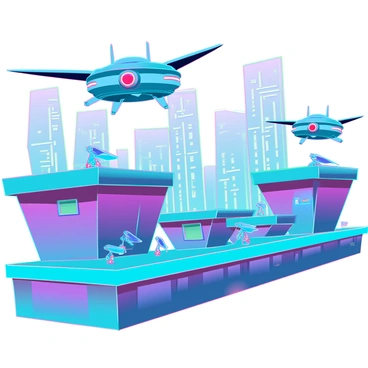A vibrant side-scrolling video game level with multiple platforms at varying heights, constructed from colorful blocks and featuring some with intricate designs. There are floating enemies represented as mechanical drones with sharp edges and glowing red sensors, hovering menacingly above the platforms. The background reveals a futuristic cityscape with towering skyscrapers and neon lights, while some platforms have moving parts and obstacles like spinning blades. The overall atmosphere is dynamic, hinting at action and adventure in the gameplay.