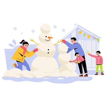 Three children are building a snowman in a snowy backyard. The first child, a girl with pigtails, is rolling a large snowball for the snowman's body. She is wearing a bright red scarf and matching mittens. The second child, a boy in a blue winter jacket, is stacking smaller snowballs on top of the large one to create the snowman's head. He has a joyful expression as he adds a carrot for the snowman's nose. The third child, a younger boy, is gathering twigs from the ground to use as the snowman's arms. Snowflakes are gently falling from the sky, and the ground is covered in a thick layer of soft, white snow. Nearby, there are footprints leading to a small wooden shed decorated with colorful winter lights.