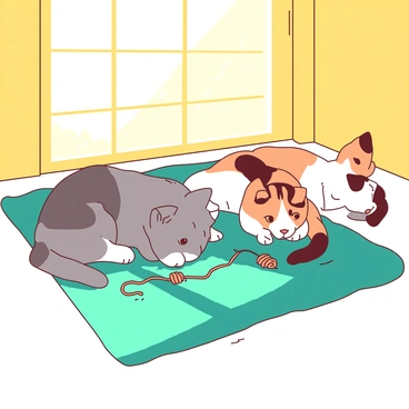 A yellow room filled with sunlight is the perfect setting for a group of playful kittens. There are three fluffy kittens with varied fur patterns, including one with gray patches, one with orange stripes, and another with a solid white coat. They are lounging and playing together on a soft teal rug. One kitten is playfully batting at a loose strand of orange yarn while another is curled up, watching its companion with curious eyes. The sunlight casts warm shadows on the floor, enhancing the cozy atmosphere.