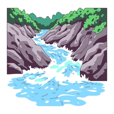 A white water river rushes through a narrow rocky gorge, with splashes and foamy waves cascading over large, irregular boulders. The rocks lining the gorge are textured and jagged, showing shades of gray and brown. In the background, dense greenery grows along the sides of the gorge, contrasting with the turbulent water. Sunlight glints off the surface of the river, creating a dynamic play of light and shadows.