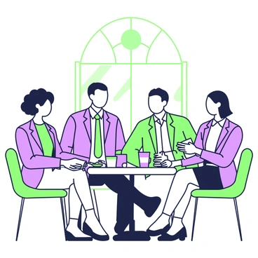 A group of four professionals is seated around a small, round table at a cafe. Each person is dressed in smart business attire. The woman on the left has curly hair and is wearing a tailored blazer, while the man next to her has a neat haircut and is wearing a button-up shirt. The woman on the right has straight hair tied back and is holding a notebook, and the man across from her is gesturing as he speaks. On the table, there are plates of food, glasses of water, and coffee cups. The backdrop includes large windows with sunlight streaming in, illuminating the contemporary decor of the cafe.