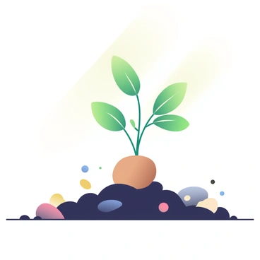 A small green plant with delicate leaves is sprouting rapidly from a brown seed nestled in dark, rich soil. The plant's stem is thin but strong, emerging upward with an energetic thrust. Surrounding the young plant are small granules of soil, with bits of organic matter scattered about. Sunlight is filtering down, highlighting the vibrant green of the leaves as they unfurl. In the background, there are hints of additional soil and small pebbles, contributing to the natural setting.
