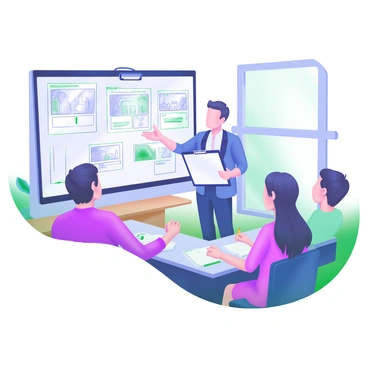 A modern pastel illustration of a tutor standing in front of a group of attentive students. The tutor is holding a clipboard, gesturing towards a wall filled with sketches of various scenes, showcasing different storyboarding techniques. The sketches are pinned neatly and include images of characters, backgrounds, and dialogue bubbles. The students are seated at desks, with notebooks open and pencils in hand, actively engaging in the lesson. The classroom is bright and organized, with a large window allowing natural light to illuminate the space.