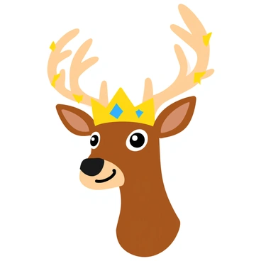 A deer's head with large, majestic antlers is adorned with a crown made of shimmering stars and celestial elements. The crown features intricate designs resembling constellations, with twinkling stars scattered throughout. The deer's fur is a rich brown, contrasting against the bright, glowing elements of the crown. The background is softly blurred, enhancing the focus on the deer's regal expression and the enchanting crown. The eyes of the deer are bright and expressive, reflecting a sense of wisdom and grace.