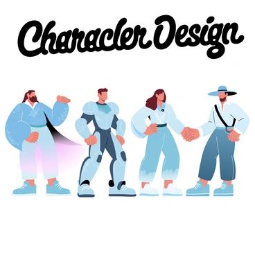 A lineup of original characters is displayed, each showcasing unique costumes and dynamic poses. The first character is wearing a vibrant, flowing cloak with intricate patterns that blend into the background. The second character dons futuristic armor adorned with metallic accents and a striking color palette. The third character sports a traditional outfit with delicate embroidery and a wide-brimmed hat. The fourth character features an adventurous look, complete with a utility belt and practical footwear. Above each character, "Character Design" is prominently displayed in bold lettering. Each costume presents its own color scheme that enhances the overall visual harmony.