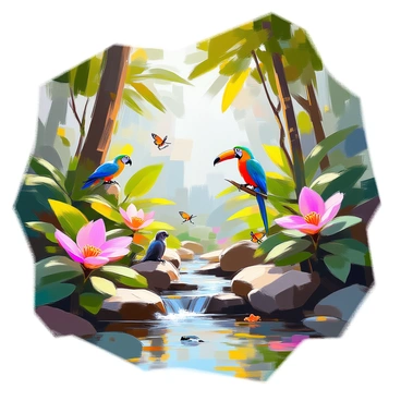 A vibrant ecosystem showcasing a variety of lush, green plants and colorful flowers in a dense rainforest. Tall trees with broad leaves rise prominently, creating a canopy overhead. Among the foliage, colorful tropical birds such as parrots and toucans can be seen perched on branches. Brightly colored butterflies flutter around the blossoms, while small mammals like monkeys and sloths interact playfully in the trees. A clear stream meanders through the scene, reflecting the greenery and providing a habitat for fish and frogs. The atmosphere is alive with the sounds of nature, emphasizing the harmony of life in this thriving environment.