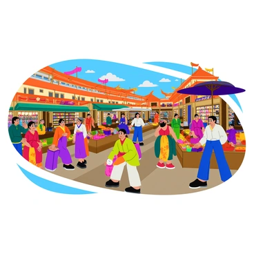 A bustling European trade hub in China during the Boxer Rebellion. The scene is filled with a variety of merchants from different backgrounds, wearing traditional clothing alongside European attire. Stalls are overflowing with vibrant goods, including colorful textiles, intricate pottery, and exotic spices. People are engaged in lively discussions, some haggling over prices while others display their wares. The architecture features a blend of European-style buildings with pagoda roofs, creating a distinct cultural atmosphere. In the background, banners and flags flutter in the breeze, adding to the dynamic energy of the market.