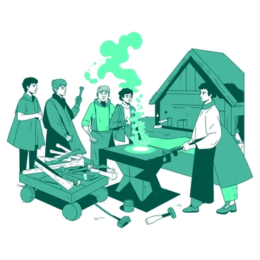 A teal blacksmith is working diligently at an anvil, sharpening various tools with a hammer in his hand. Sparks fly from the metal as he strikes it, creating a dynamic display of his craft. Surrounding the blacksmith, several villagers dressed in colorful clothing watch intently, their expressions a mix of curiosity and admiration. A wooden cart filled with freshly forged tools is nearby, and a quaint thatched-roof cottage can be seen in the background, adding to the village atmosphere. The scene captures the lively interaction between the blacksmith and the villagers as they engage in conversation.