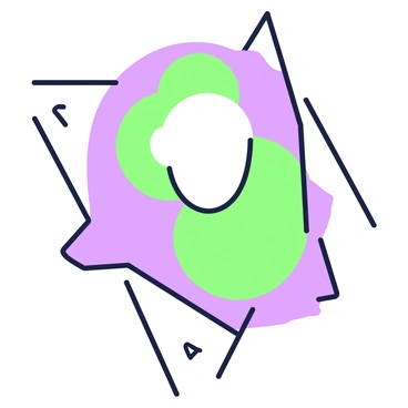 A portrait featuring bold geometric shapes arranged in a harmonious composition. The portrait consists of large overlapping circles and triangles, creating an impressionistic representation of a head without distinct facial features. In the center, there is an area where colors blend to suggest the absence of a face, while a series of sharp lines extend outward, framing the structure. The overall design is symmetrical, with a balance of space and form that invites the viewer to contemplate the concept of identity.