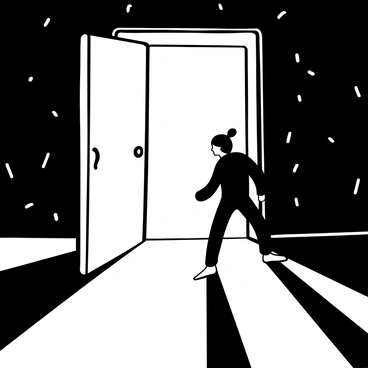 A door half-opened, revealing a bright light streaming through, creating sharp contrasts of light and shadow on the floor. In the illuminated area, a hesitant figure stands just outside the doorway, their posture suggesting uncertainty. The figure is dressed in dark clothing, casting a long shadow behind them. The surrounding walls are textured, and the floor shows a pattern that accentuates the interplay between light and shadow.