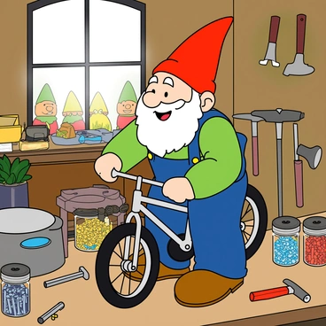 A cheerful garden gnome with a red pointy hat and a white beard is bent over a tiny bicycle, meticulously adjusting the handlebars. The gnome is wearing blue overalls and has a playful smile on his face. Around him, the cluttered workshop is filled with various tools, including hammers, screwdrivers, and a small workbench. There are colorful jars filled with screws and nuts scattered across the table. In the background, an assortment of garden decorations, like flower pots and other gnomes, can be seen peeking out from the mess. Light streams in through a window, illuminating the scene with a warm glow.