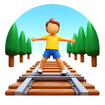 A child with short brown hair is balancing on a railroad track. The child is wearing a bright yellow shirt and denim shorts. The arms are outstretched to maintain balance. The background features a clear blue sky and green trees lining the sides of the track. The railroad ties are wooden and weathered, with metal rails glinting in the sunlight.