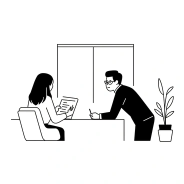 An illustration of an agent sitting at a sleek, minimalist desk in an office. The agent is a middle-aged man wearing a tailored suit and glasses, leaning slightly forward with a pen in hand, looking attentively at a candidate. The candidate, a young woman with straight hair wearing a professional blouse and skirt, is seated in a modern chair, holding a resume. A large window in the background allows natural light to fill the space, and a potted plant sits in the corner. The walls are bare, enhancing the minimalist feel of the office.