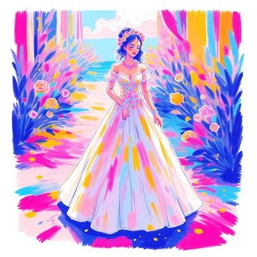 A bride is standing in an outdoor setting, surrounded by a burst of vibrant colors. She is dressed in an ornate wedding gown with intricate embroidery details. Her hair is styled elegantly and adorned with floral accessories. Bright powders of color are scattered around her, creating a lively atmosphere. The sunlight reflects off the colors, creating a dazzling effect. In the background, there are hints of decorations such as colorful drapes and festive elements that enhance the celebratory mood.