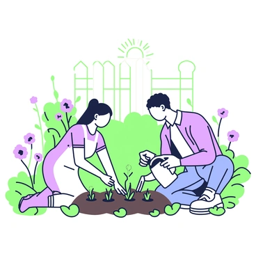 A couple is kneeling together in a small garden, working side by side. The woman has long hair tied back and is wearing a light-colored dress. She is planting small seedlings in neat rows. The man has short hair and is dressed in a casual shirt and jeans. He holds a watering can, gently pouring water onto the freshly turned soil. Surrounding them are various blooming flowers and green leaves, enhancing the vibrant scene. In the background, a wooden garden fence is partially visible, framing the intimate setting. The sun casts soft light, creating a warm atmosphere.