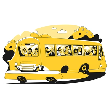 A bus filled with tourists is parked on a winding road. The bus is painted in a two-tone design, featuring yellow and white. Each tourist is peering out of the windows, holding cameras and smartphones, capturing images of the lush, rolling hills in the background. The hills are dotted with patches of trees and blooming wildflowers, creating a vibrant landscape. Some tourists are leaning out of the windows, excitedly taking pictures, while others are chatting and pointing towards the scenery. The sky above is clear, adding to the joyful atmosphere of the scene.
