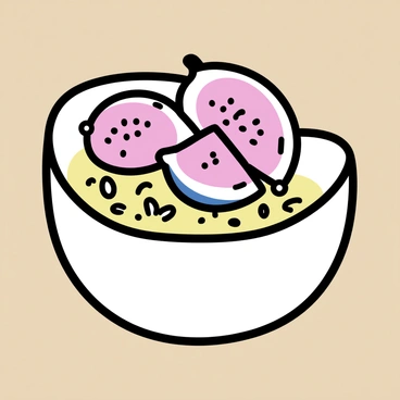 A white bowl filled with thick, creamy yogurt sits on a wooden table. The yogurt is topped with a layer of golden granola, featuring clusters of oats and nuts. Fresh figs, sliced in half to reveal their pinkish flesh and tiny seeds, are arranged artistically on top of the yogurt. The vibrant color of the figs contrasts with the white yogurt and the golden granola, creating an appealing and healthy breakfast composition.