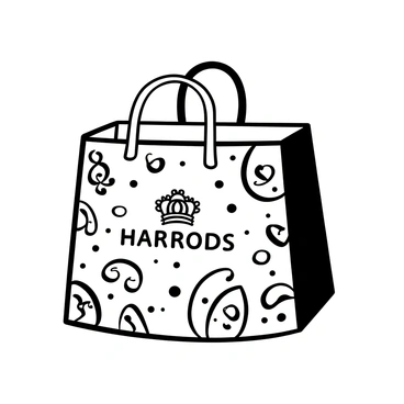A close-up of a "Harrods" shopping bag featuring intricate designs and patterns. The bag showcases the iconic branding prominently. The texture of the material is detailed, highlighting the craftsmanship. The handles are elegantly designed, adding to the overall aesthetic of the bag. The background is a soft focus to emphasize the bag itself.