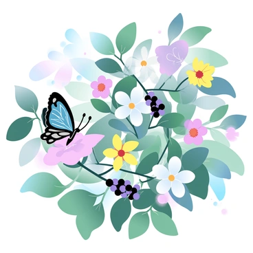 An elderberry bush with clusters of dark purple berries is surrounded by vibrant blooming flowers in shades of pink, yellow, and white. A colorful butterfly with intricate wing patterns is perched delicately on one of the flowers. The bush is lush with green leaves, creating a rich backdrop for the scene. Sunlight filters through the foliage, highlighting the butterfly's vivid colors and the bright petals of the flowers.