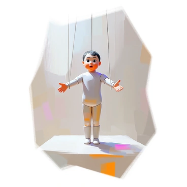 A person with medium skin standing upright, their limbs positioned as if being controlled like a puppet. Thin, visible strings are attached to their arms and legs, pulling them into exaggerated poses. The person's facial expression shows a mix of surprise and confusion. The background features soft shadows that emphasize the figure, creating a sense of depth and focus on the manipulation. The strings are anchored above, suggesting a puppeteer off-screen.
