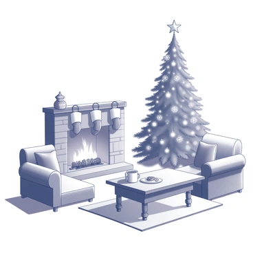 A cozy living room setting with a beautifully decorated Christmas tree standing prominently near a stone fireplace. The Christmas tree is adorned with various ornaments, twinkling lights, and a vibrant star on top. The fireplace features a warm, glowing fire, with stockings hanging from the mantel. There are plush cushions and a soft throw blanket arranged on a comfortable sofa. A small coffee table is positioned in front of the sofa, holding a steaming mug and a plate of cookies. The ambiance suggests warmth and holiday cheer.