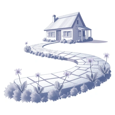 A cobblestone path winding through a garden. The path is bordered by several evening primroses, with delicate blossoms positioned closely together, creating a charming border. At the end of the path, a quaint cottage can be seen, featuring a thatched roof and small windows with shutters. The cottage is nestled among greenery, with a simple door at the front, inviting and cozy in appearance.