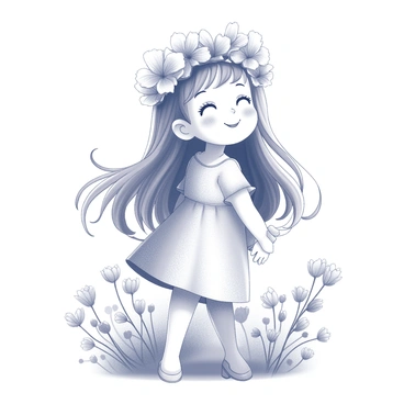 A young girl with long, flowing hair stands gracefully. She is wearing a crown intricately crafted from "coquelicot flowers," delicately arranged and resting atop her head. Her expression is one of joy and innocence, and she has a gentle smile on her face. The girl's attire is simple yet elegant, featuring a light dress that complements the floral crown. She is surrounded by a soft, natural setting, suggesting a sunny day in a garden filled with blooming flowers and lush greenery.