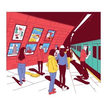 A red subway station wall is covered with a series of vibrant illustrations. Each illustration features scenes of city life, with blue accents highlighting iconic New York City landmarks such as the Statue of Liberty and the Empire State Building. Passengers of diverse backgrounds are depicted interacting with these illustrations, some stopping to take pictures, while others discuss the art with one another. The floor is tiled in a contrasting yellow, leading to the subway platform where a teal train is arriving. Bright overhead lights illuminate the space, enhancing the lively atmosphere of the station.