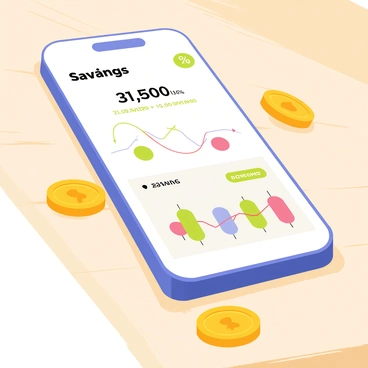 A smartphone with a sleek design displays a bright screen showing a savings app. The app interface features a prominently displayed balance that is increasing, highlighted in green to indicate growth. Various colorful graphs and charts are visible on the screen, illustrating trends and savings goals. The smartphone is positioned on a wooden table, with a few coins scattered around to symbolize savings.